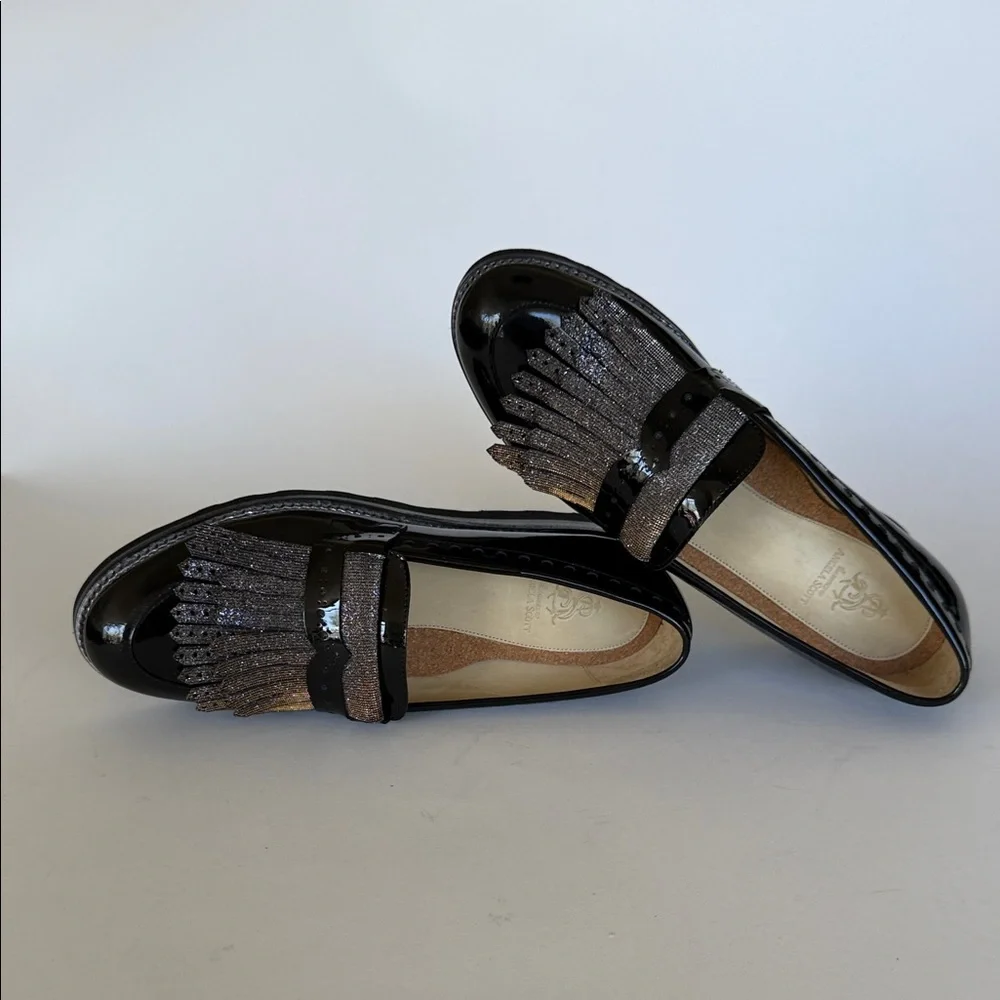 Mr. Pennywise Wedged Black Patent Loafer with Metallic Fringe - Picture 6 of 16
